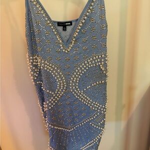 Fashion Nova Light Blue Pearl-Studded Dress